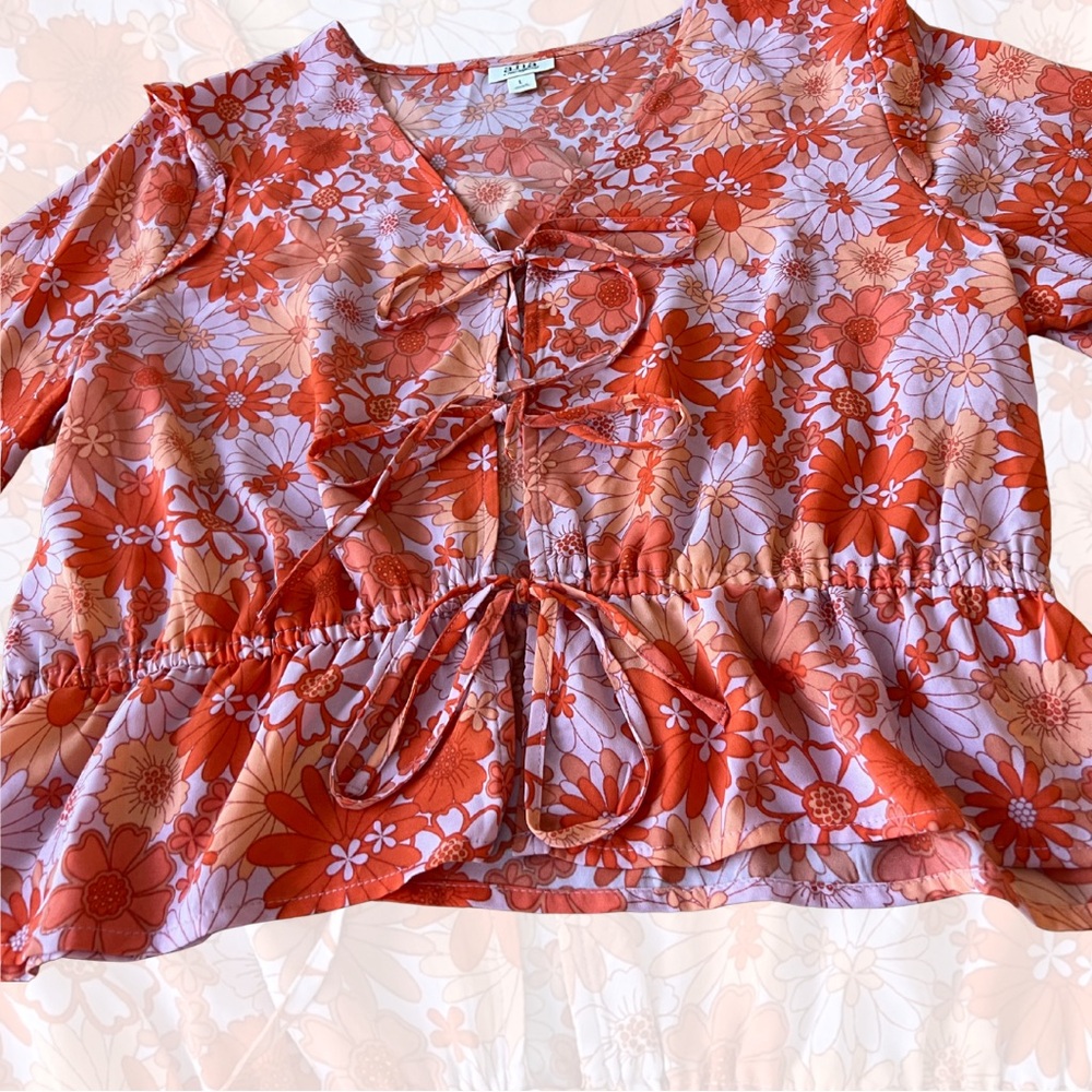 a.n.a Orange Floral Lace-Up Blouse - Picture 3 of 4